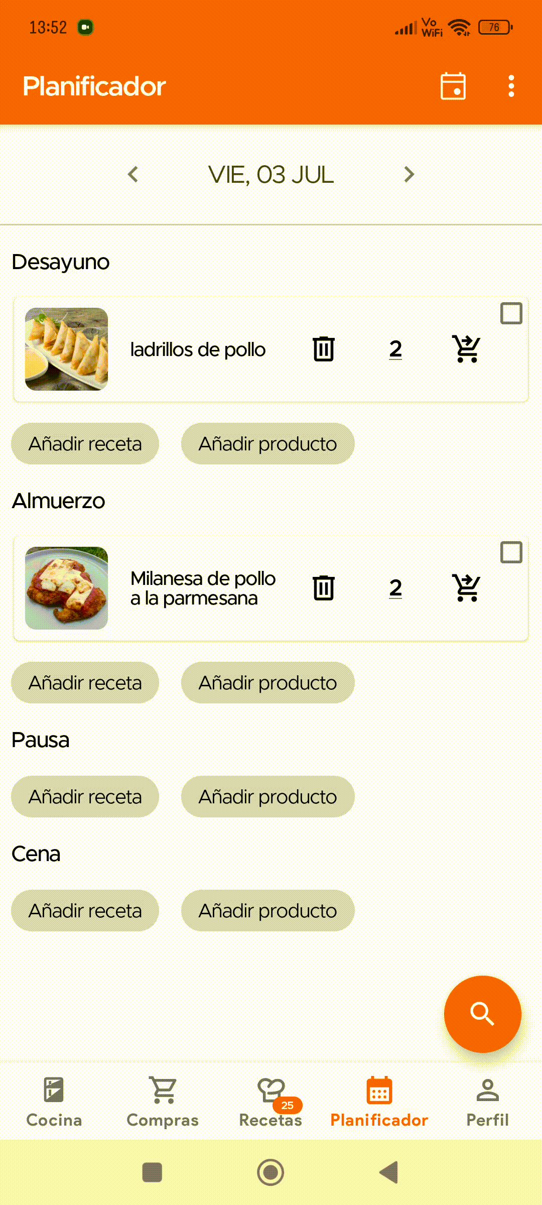 Copying planned meals to another date
